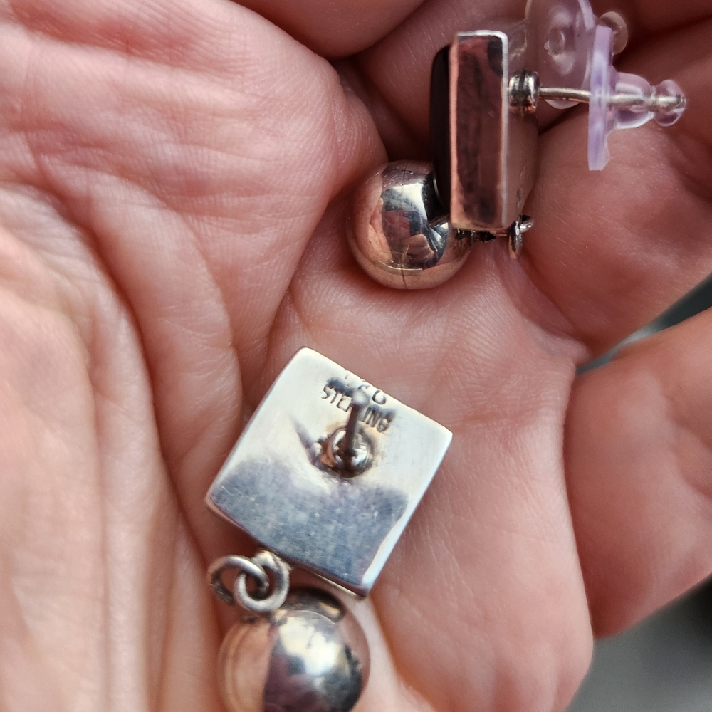 Handmade Sterling Silver 925 Onyx Abd Silver Ball Stud Dangle Earrings - Picture 4 of 8